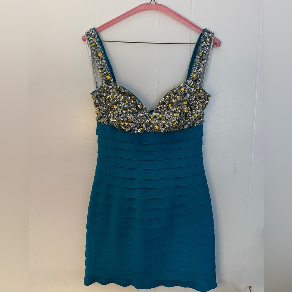 Sherri Hill Turquoise Sequin Bandage Dress